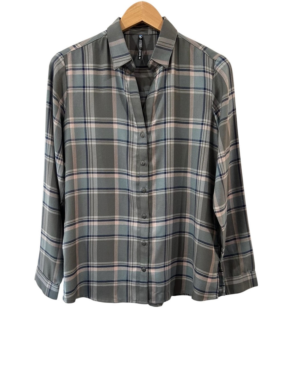 Kuhl Women's Adelaide plaid shirt M grey blue Button Front Split Neck lyocell
